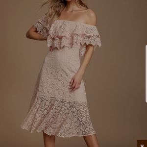 Lulus Blush Pink Lace Off-the-Shoulder Midi